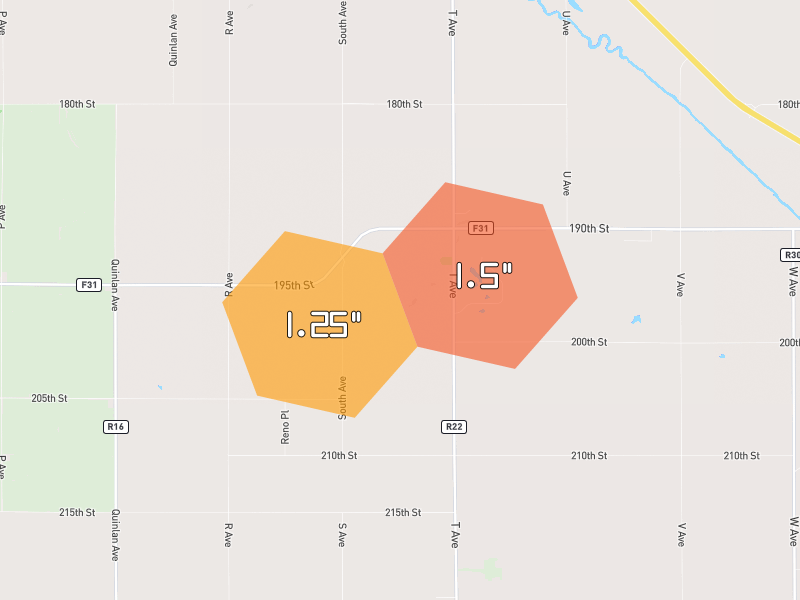 Hail map of Dallas Center, IA on Jul 2, 2026, hail up to 1.5"