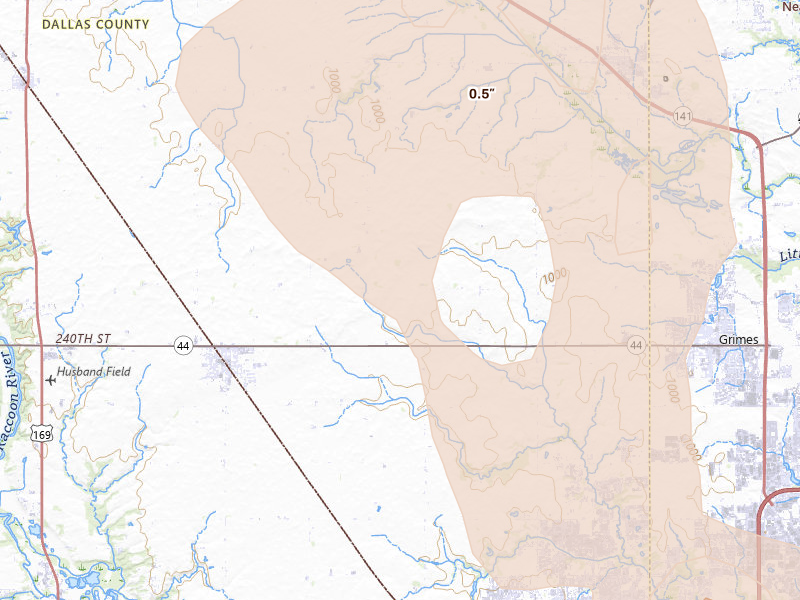 Radar-estimated hail-size map of the storm over Dallas Center, IA on Jul 3, 2026