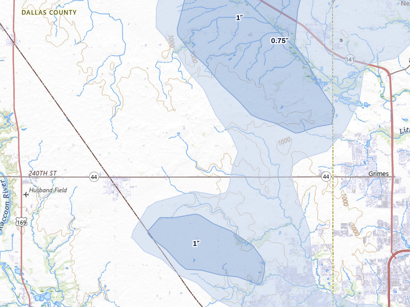 NEXRAD radar-signature map of the hail storm over Dallas Center, IA on Jul 3, 2026
