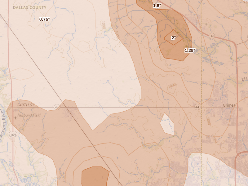 Radar-estimated hail-size map of the storm over Dallas Center, IA on Jul 20, 2026