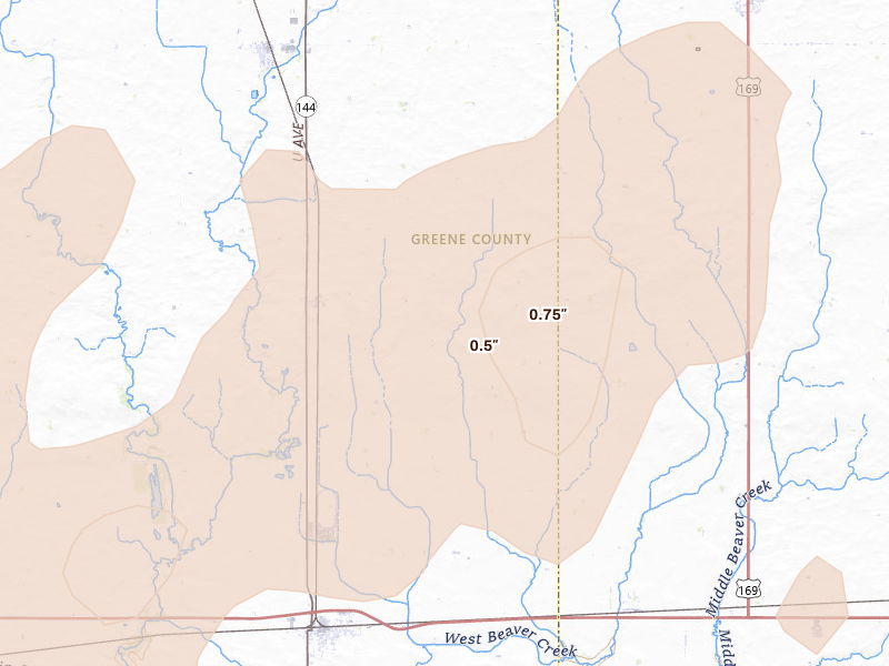 Radar-estimated hail-size map of the storm over Dana, IA on Apr 23, 2026