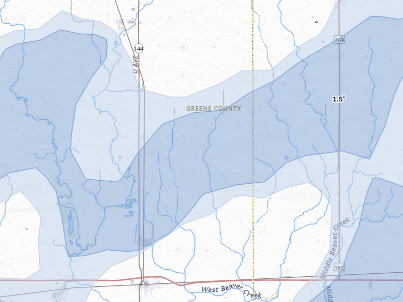 NEXRAD radar-signature map of the hail storm over Dana, IA on Apr 23, 2026