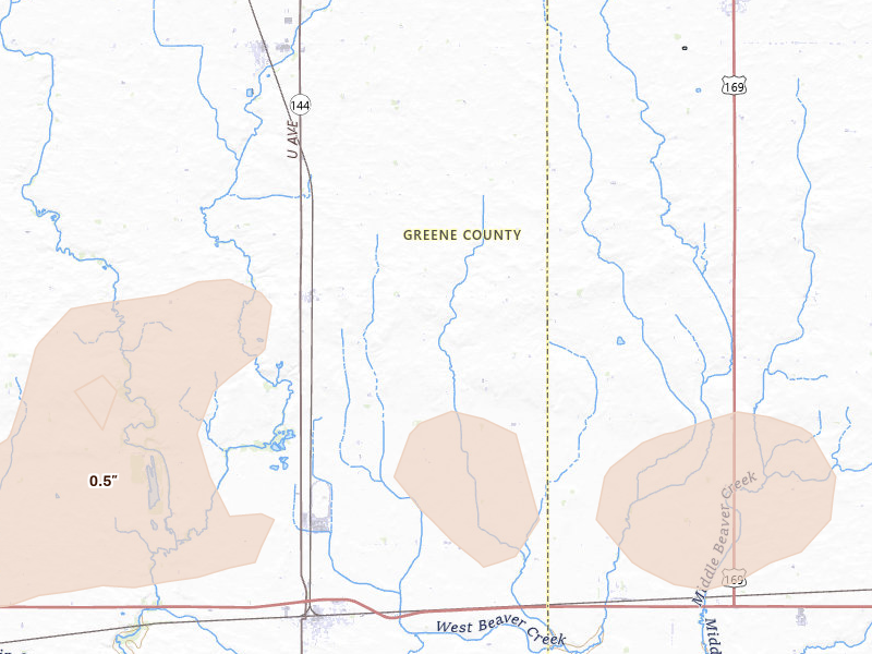 Radar-estimated hail-size map of the storm over Dana, IA on Jul 3, 2026