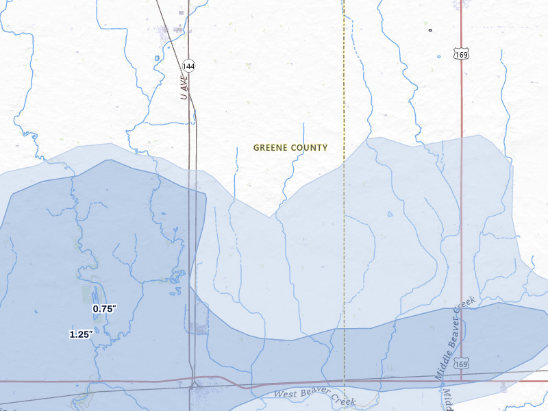 NEXRAD radar-signature map of the hail storm over Dana, IA on Jul 3, 2026