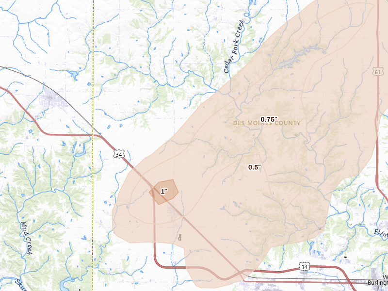 Radar-estimated hail-size map of the storm over Danville, IA on Mar 10, 2026