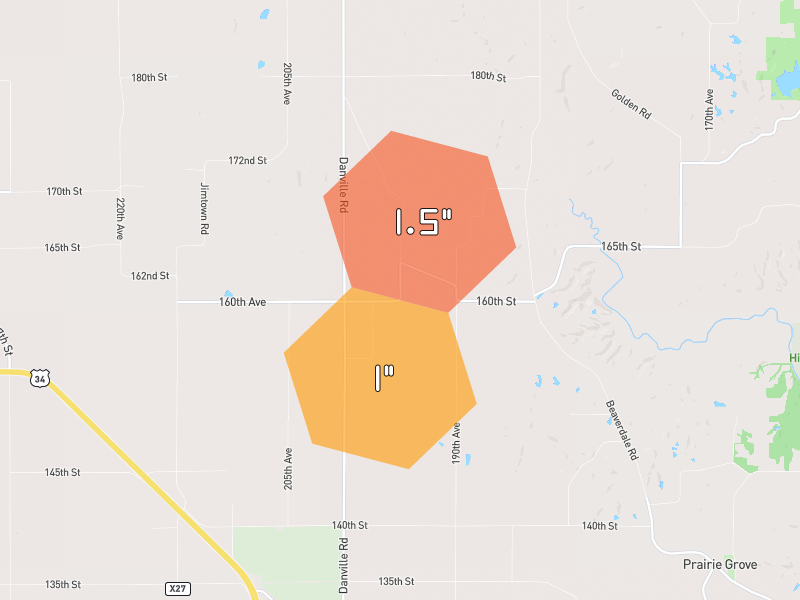 Hail map of Danville, IA on Jul 4, 2026, hail up to 1.5"