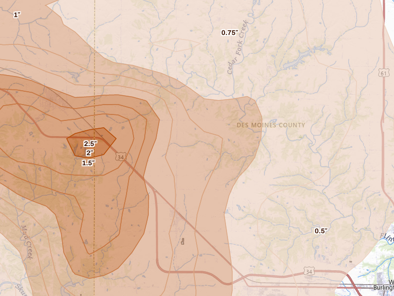 Radar-estimated hail-size map of the storm over Danville, IA on Aug 12, 2026