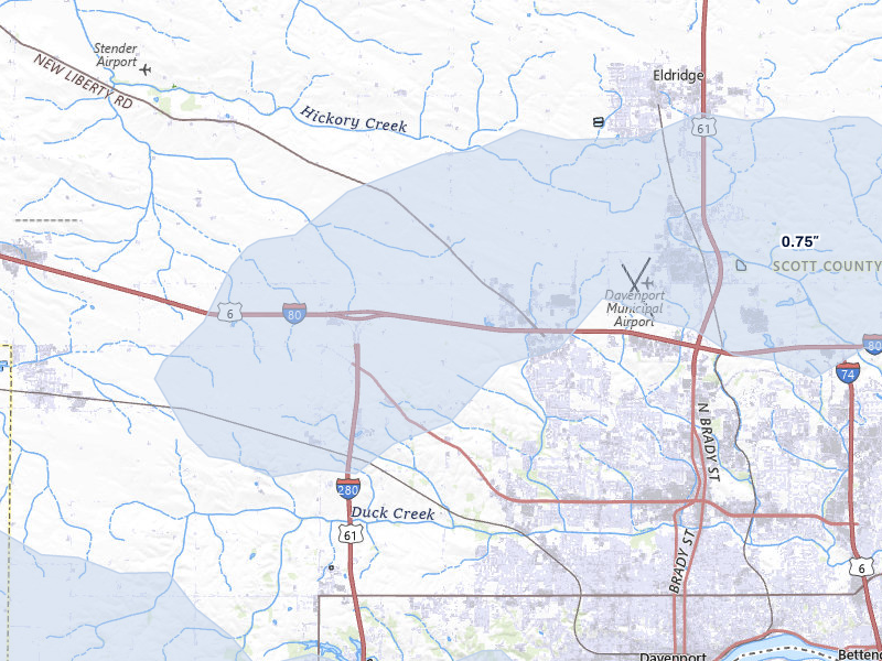 NEXRAD radar-signature map of the hail over Davenport, IA