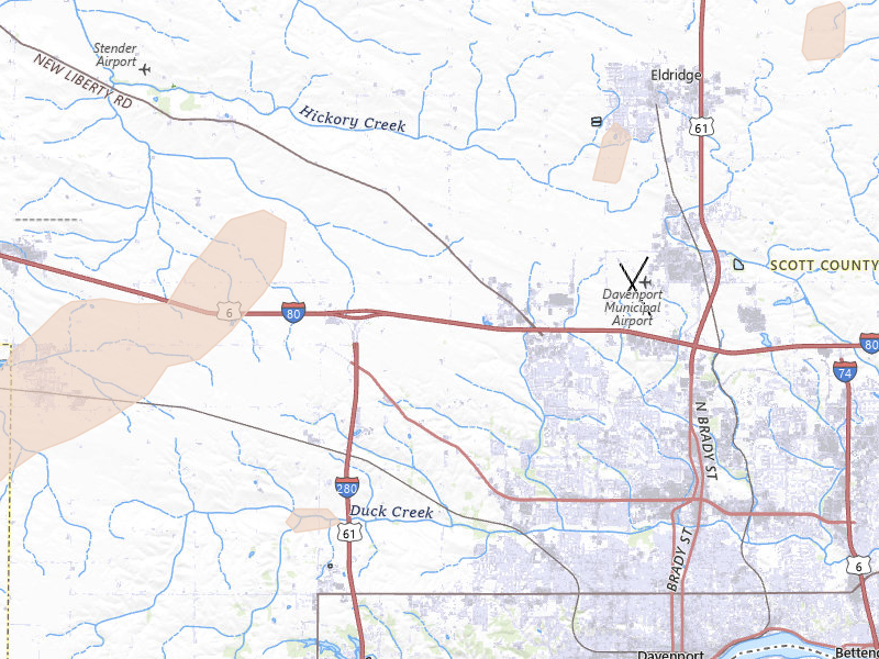 Radar-estimated hail-size map of the storm over Davenport, IA on Jun 11, 2026