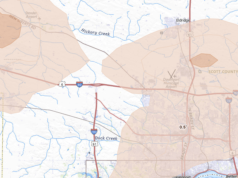 Radar-estimated hail-size map of the storm over Davenport, IA on Jul 3, 2026
