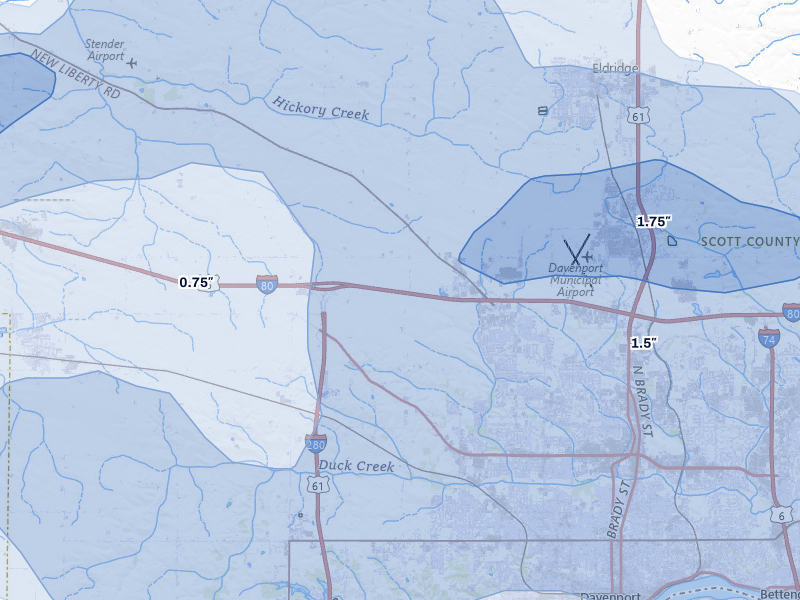 NEXRAD radar-signature map of the hail storm over Davenport, IA on Jul 3, 2026