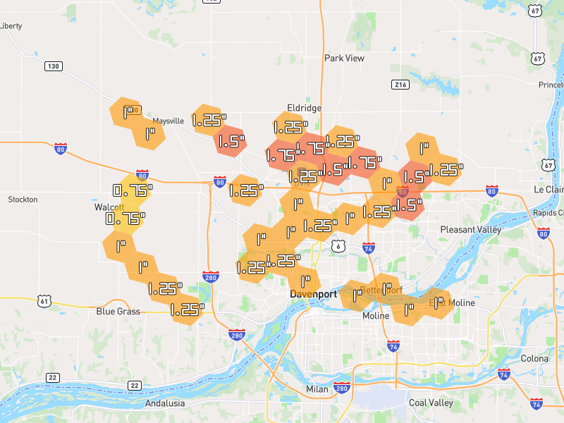 Hail map of Davenport, IA on Jul 4, 2026, hail up to 1.75"