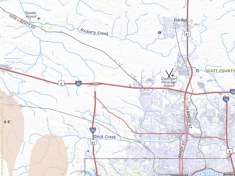 Radar-estimated hail-size map of the storm over Davenport, IA on Jul 20, 2026