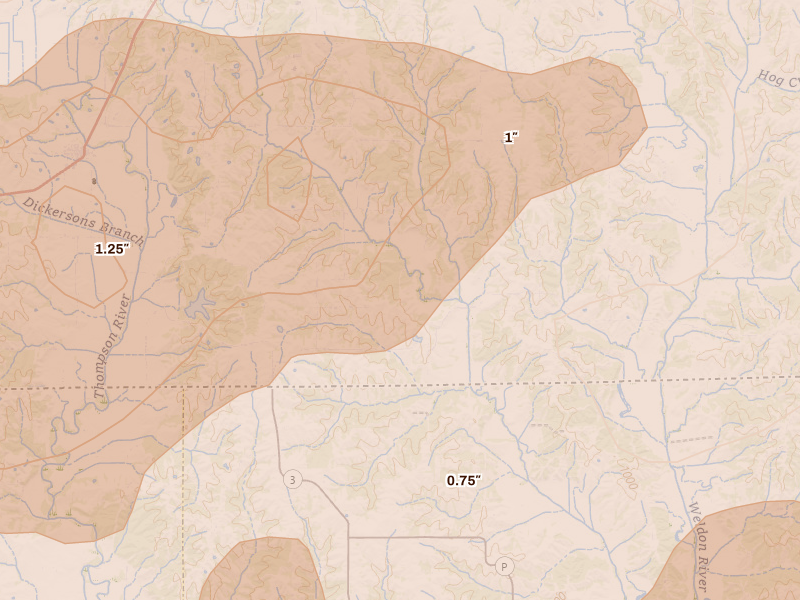 Radar-estimated hail-size map of the storm over Davis City, IA on Jun 11, 2026