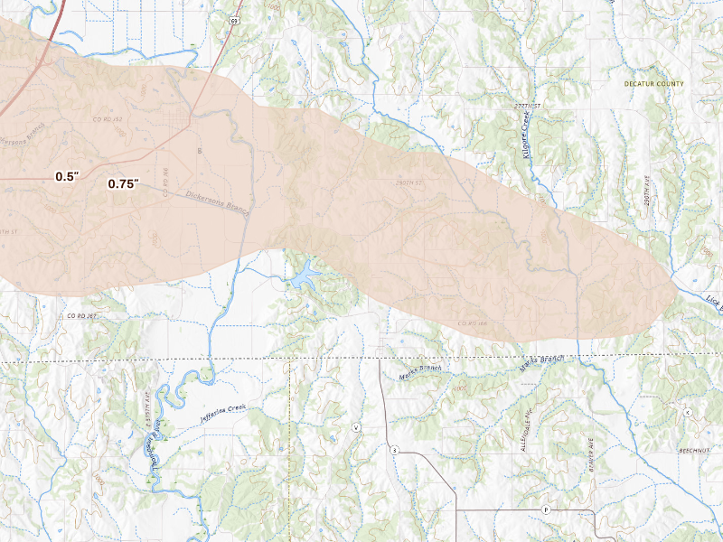 Radar-estimated hail-size map of the storm over Davis City, IA on Sep 19, 2026