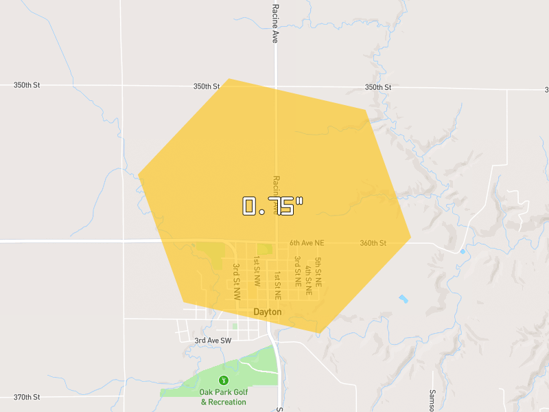 Hail map of Dayton, IA on Jul 4, 2026, hail up to 0.75"