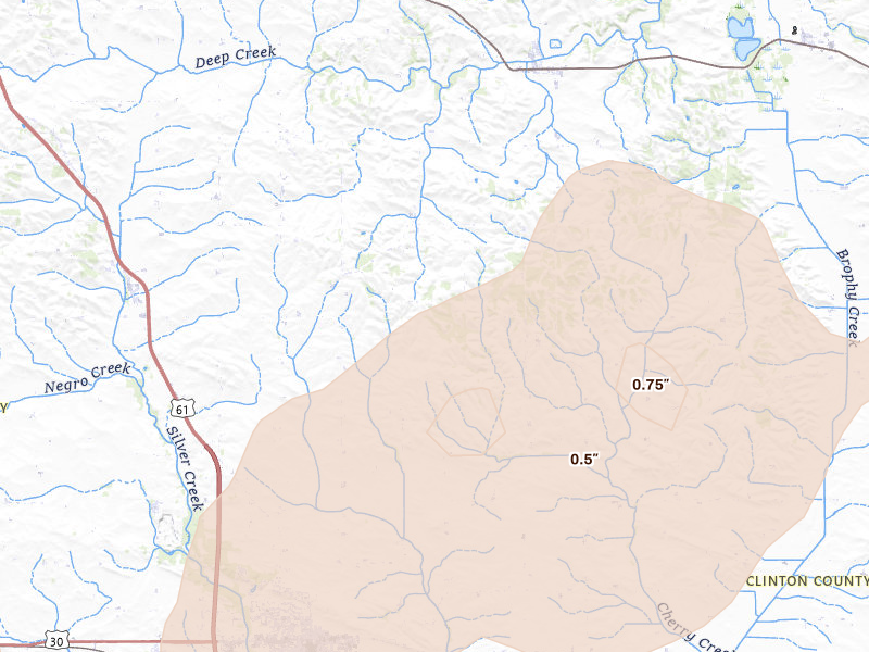 Radar-estimated hail-size map of the storm over De Witt, IA on Jun 10, 2026