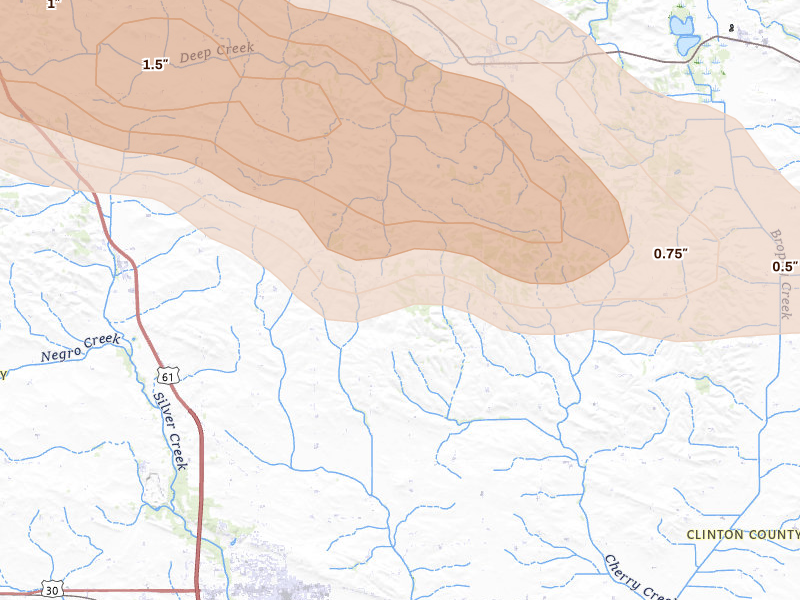 Radar-estimated hail-size map of the storm over De Witt, IA on Jun 28, 2026