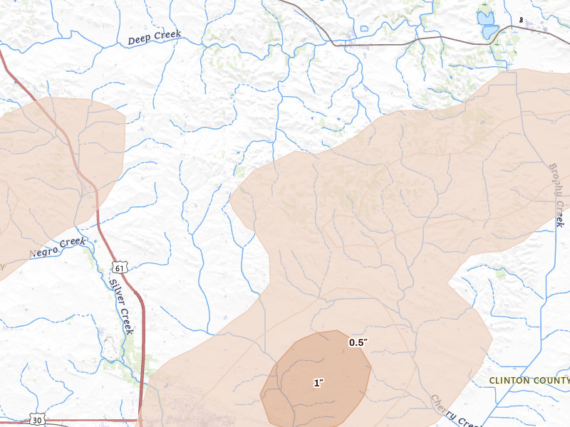 Radar-estimated hail-size map of the storm over De Witt, IA on Jul 3, 2026