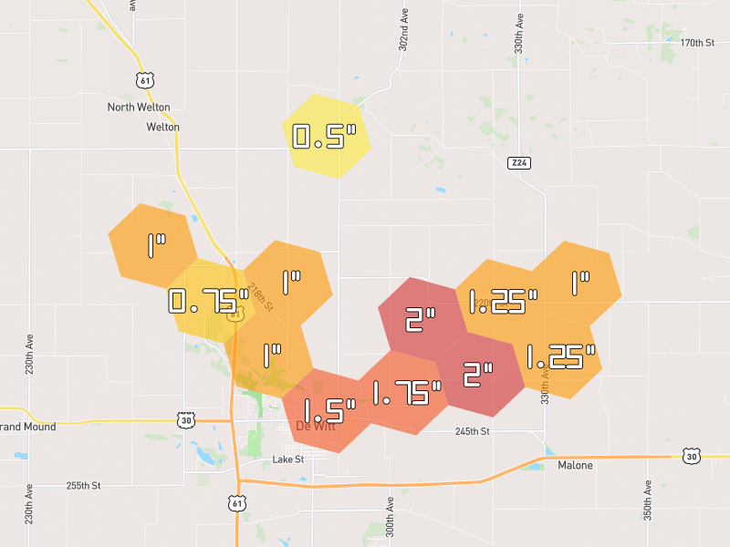 Hail map of De Witt, IA on Jul 4, 2026, hail up to 2"