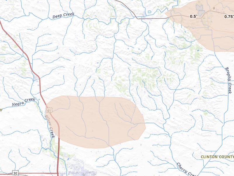 Radar-estimated hail-size map of the storm over De Witt, IA on Aug 12, 2026