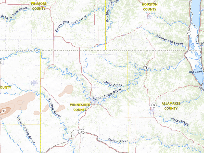 Radar-estimated hail-size map of the storm over Decorah, IA on Apr 27, 2026