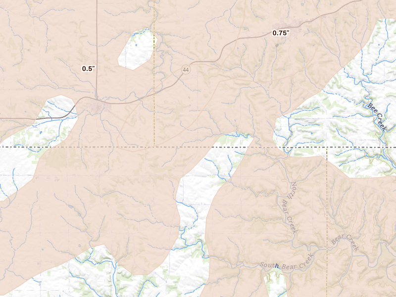 Radar-estimated hail-size map of the storm over Decorah, IA on Jul 1, 2026