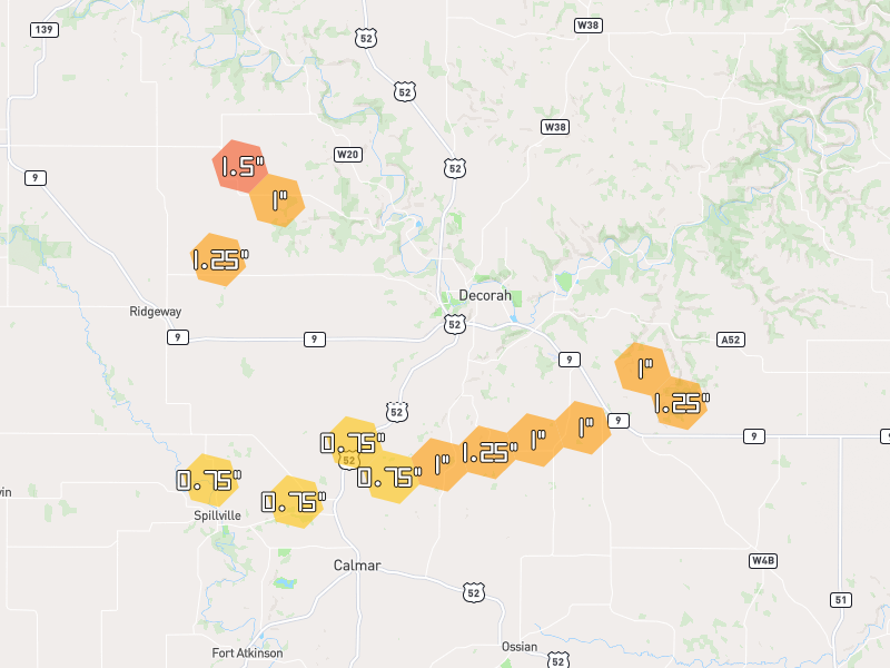 Hail map of Decorah, IA on Jul 1, 2026, hail up to 1.5"