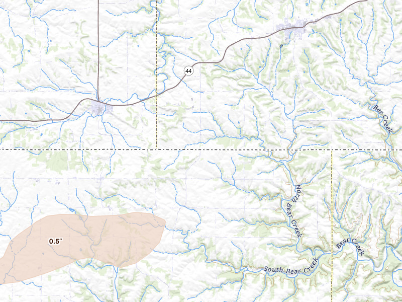 Radar-estimated hail-size map of the storm over Decorah, IA on Jul 2, 2026
