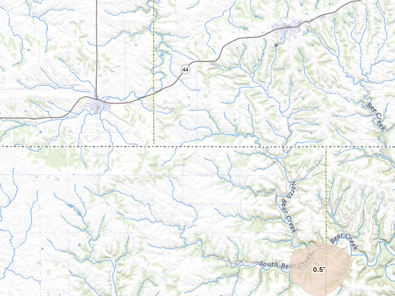 Radar-estimated hail-size map of the storm over Decorah, IA on Jul 16, 2026