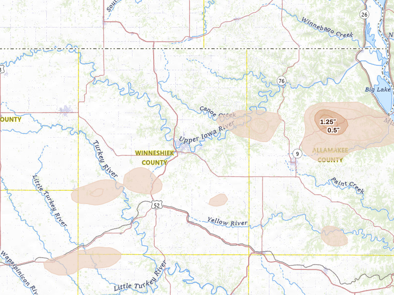 Radar-estimated hail-size map of the storm over Decorah, IA on Aug 11, 2026