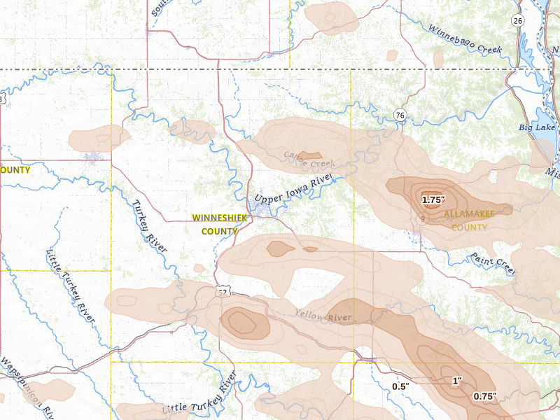 Radar-estimated hail-size map of the storm over Decorah, IA on Sep 4, 2026