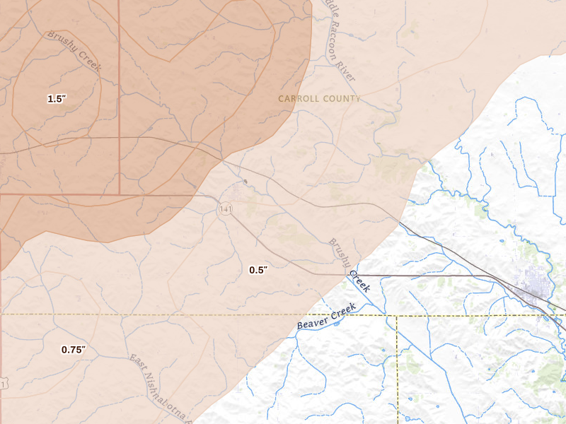 Radar-estimated hail-size map of the storm over Dedham, IA on Apr 23, 2026