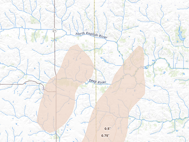 Radar-estimated hail-size map of the storm over Deep River, IA on Apr 23, 2026
