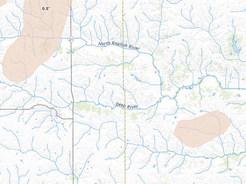 Radar-estimated hail-size map of the storm over Deep River, IA on Jul 3, 2026
