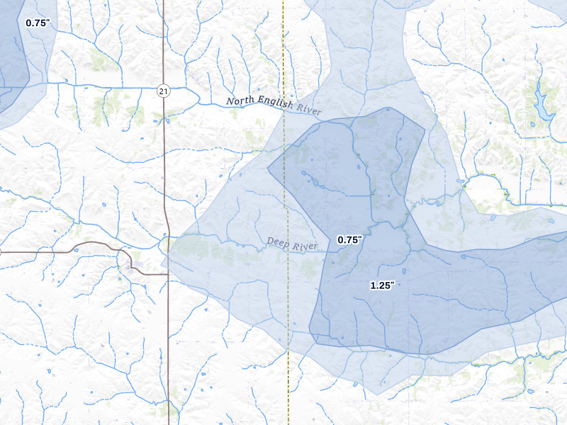 NEXRAD radar-signature map of the hail storm over Deep River, IA on Jul 3, 2026