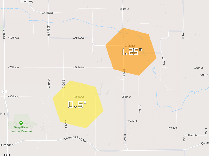 Hail map of Deep River, IA on Jul 4, 2026, hail up to 1.25"