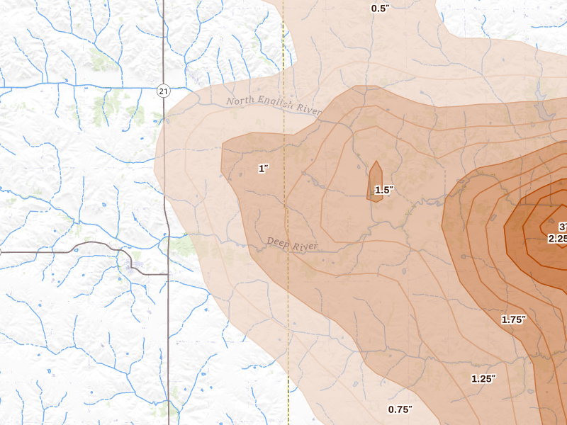 Radar-estimated hail-size map of the storm over Deep River, IA on Aug 7, 2026