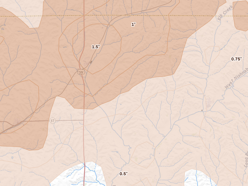 Radar-estimated hail-size map of the storm over Defiance, IA on Apr 23, 2026
