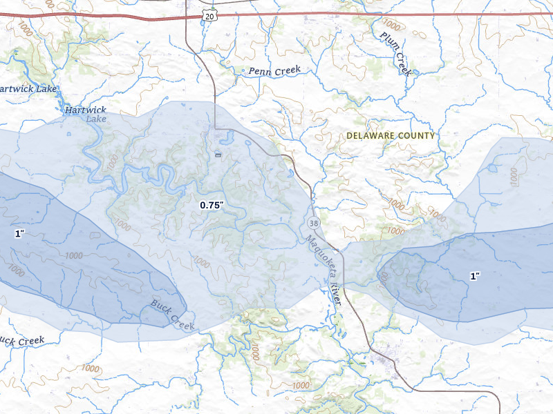 NEXRAD radar-signature map of the hail storm over Delhi, IA on Jun 28, 2026