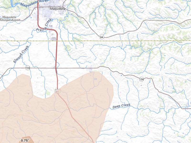 Radar-estimated hail-size map of the storm over Delmar, IA on Apr 2, 2026