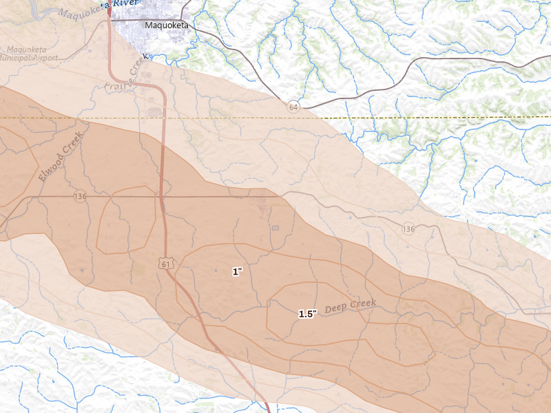Radar-estimated hail-size map of the storm over Delmar, IA on Jun 28, 2026