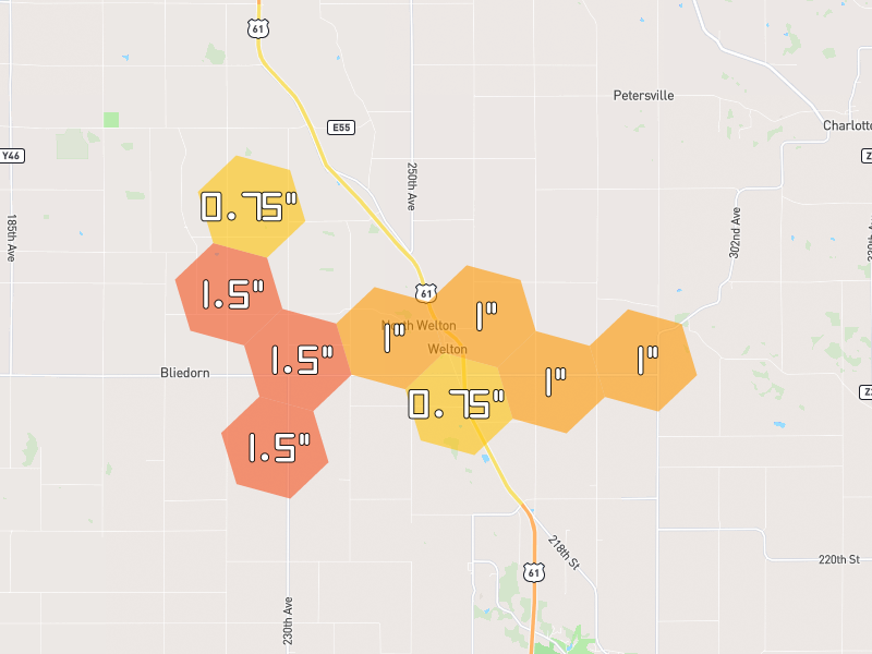 Hail map of Delmar, IA on Jul 3, 2026, hail up to 1.5"