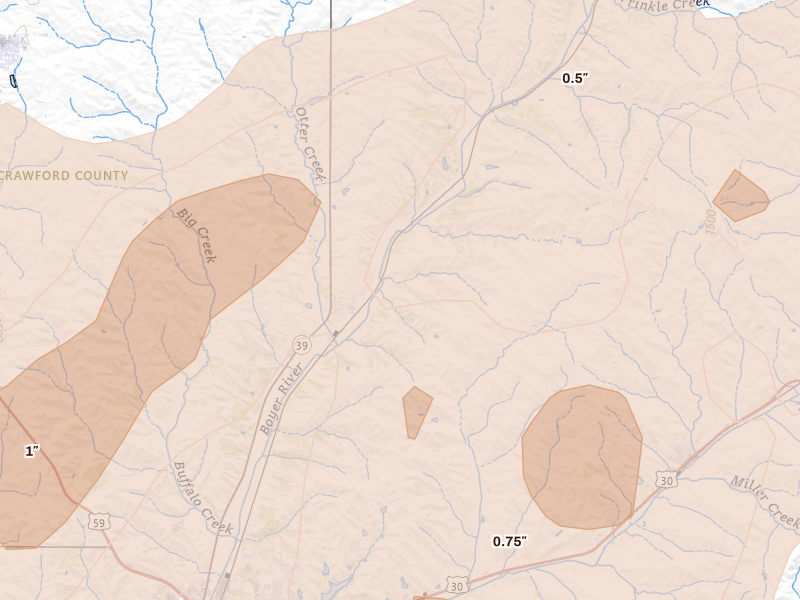 Radar-estimated hail-size map of the storm over Deloit, IA on Apr 23, 2026