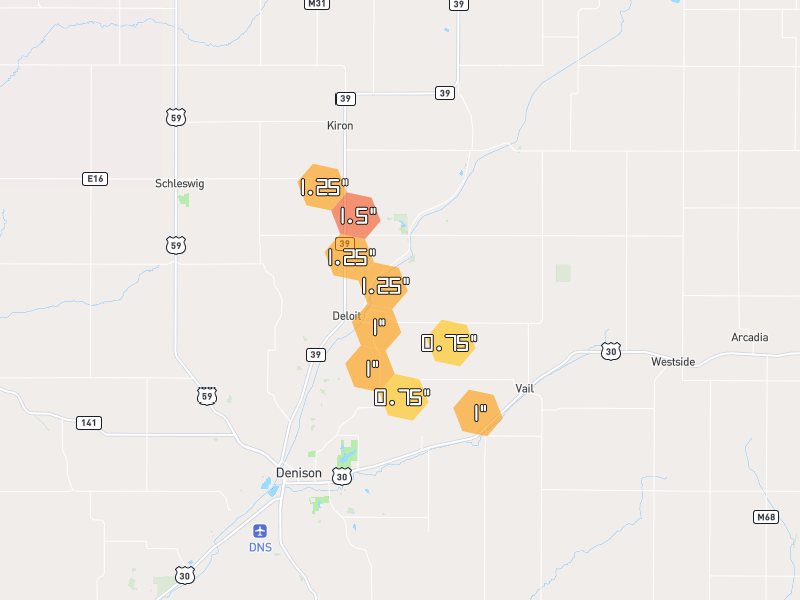 Hail map of Deloit, IA on Jul 8, 2026, hail up to 1.5"