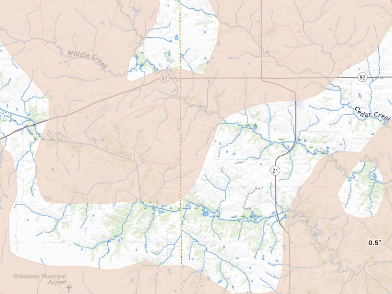 Radar-estimated hail-size map of the storm over Delta, IA on Jun 11, 2026