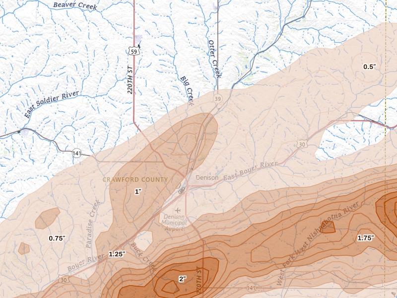 Radar-estimated hail-size map of the storm over Denison, IA