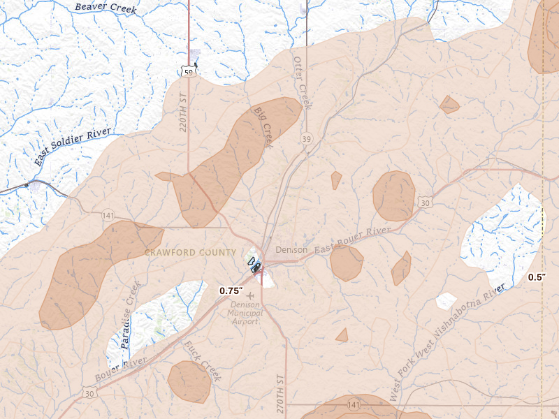 Radar-estimated hail-size map of the storm over Denison, IA on Apr 23, 2026