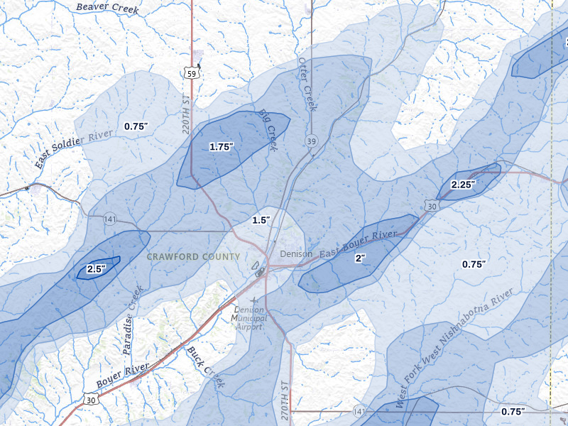 NEXRAD radar-signature map of the hail over Denison, IA