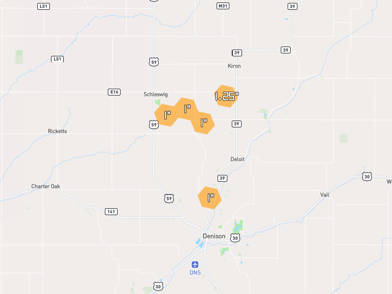Hail map of Denison, IA on Jul 8, 2026, hail up to 1.25"
